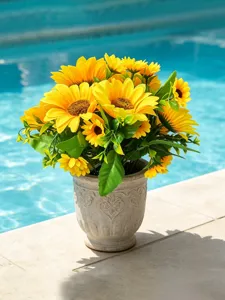 Planta en maceta de girasol artificial para decoracion del hogar y mesa de jardin detalle.