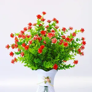 Artificial Eucalyptus Plant Red Flowers Plastic Pot Home Decor Garden Ornament