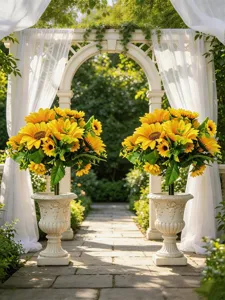 Detalle de árbol en maceta de girasol artificial, ideal para decoración de jardín.