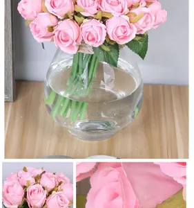 Artificial pink rose bouquet 12 heads with glass vase home decor wedding props
