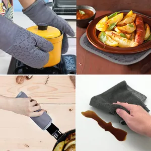 Grey silicone heat resistant kitchen gloves, pot holders, and handle covers set for safe baking.