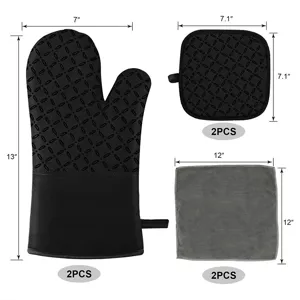 Silicone oven mitts and pot holders set with cleaning cloth, heat resistant kitchen tools.