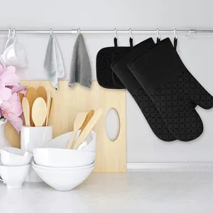 black silicone heat resistant oven mitts and pot holders kitchen utensil set for baking