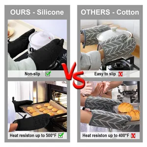 Professional silicone oven mitts with heat resistance up to 500F and anti-slip grip design.