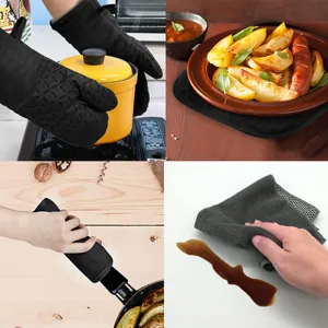 Detailed view of heat-resistant oven mitts, pot holders, and kitchen cleaning cloths.