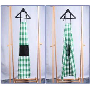 Green and white plaid kitchen apron with pocket, adjustable straps for restaurant cooking baking.