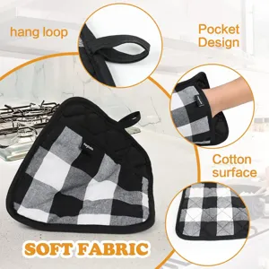Black and white plaid cotton pot holder heat resistant kitchen oven mitt with pocket loop