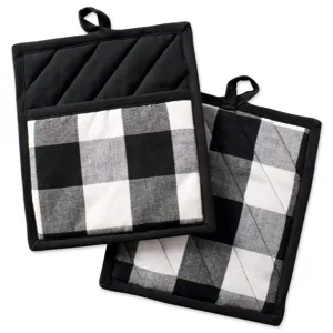 Black and white plaid pot holders set, thick cotton heat resistant oven mitts for baking.
