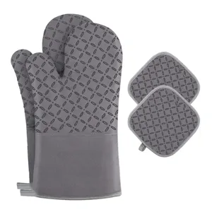Grey silicone heat resistant oven mitts and pot holders set for kitchen baking and cooking.