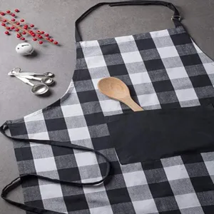 Christmas black and white buffalo plaid kitchen cooking apron with pocket and spoon