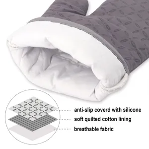Grey silicone oven mitt with anti-slip texture, quilted cotton lining and breathable fabric.