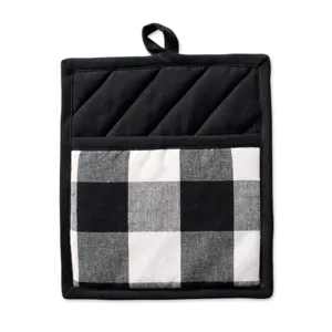 Black and white buffalo plaid pot holder detail showing quilted fabric and hanging loop.