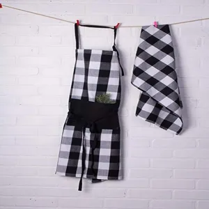 Black and White Buffalo Plaid Kitchen Apron and Matching Towel Set for Home Cooking and Baking