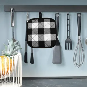 Black and white buffalo plaid pot holder, thick cotton heat resistant pad for kitchen baking.