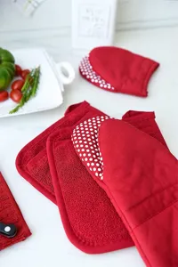 Lot de gants de four et maniques rouges résistants à la chaleur en tissu éponge