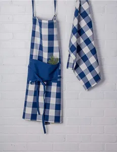 Blue and white buffalo check kitchen apron set with pocket and towel, rustic farmhouse decor.
