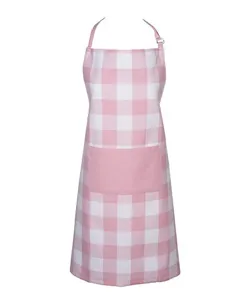 Pink and white gingham kitchen apron with front pocket, ideal for cooking and restaurant use.