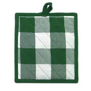 Detailed view of the green buffalo plaid cotton pot holder showing thick quilted stitching.