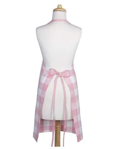 Pink and white plaid kitchen apron detail, showing clean back straps and soft fabric.