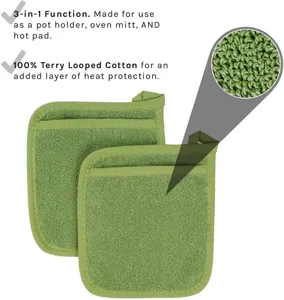 Lot de maniques et gants de four en coton vert, tapis éponge résistant à la chaleur.