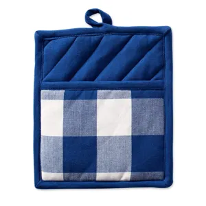 Blue and white checkered pot holder kitchen insulated heat resistant mat detail view
