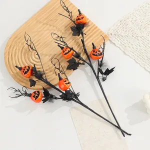 Decoración Halloween ramas negras con pequeñas caras de calabaza naranja vista principal