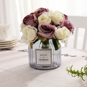 Artificial rose bouquet with glass vase fake flowers home wedding decor table centerpiece floral
