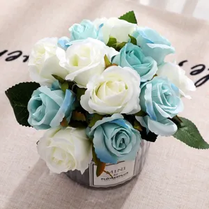Artificial blue white rose flower bouquet simulation floral arrangement for home decor