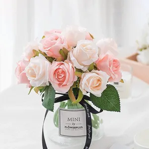 Artificial rose flower bouquet 12 heads faux roses in glass vase home decor wedding photo
