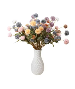 Artificial dandelion chrysanthemum flower bouquet with white vase for home wedding decor.