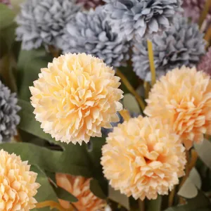 Artificial chrysanthemum bouquet yellow grey-blue fake flowers home decor main view