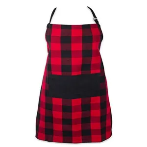Red and black plaid kitchen apron with front pocket and adjustable straps for cooking.