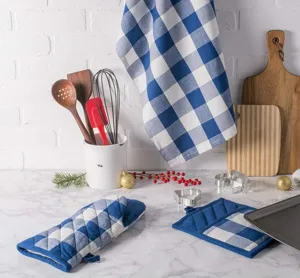 Blue and white buffalo check kitchen textile set including oven mitts, pot holders and towel.