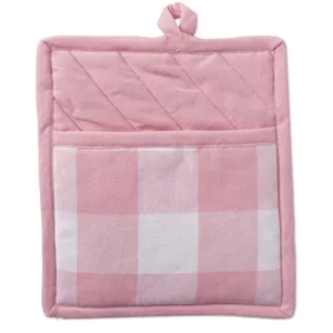 Pink white checkered cotton pot holder detail view, thick heat resistant kitchen baking mat.