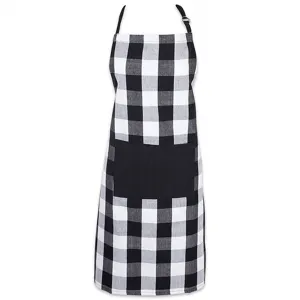 Black and white buffalo plaid kitchen apron with pocket and adjustable strap for cooking.