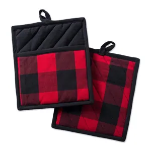 Red and black buffalo plaid pot holders thick heat resistant cotton kitchen oven mitts set