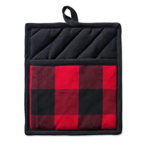 Close-up detail of kitchen pot holder with red black buffalo plaid pocket and hanging loop.