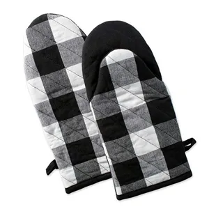 Cotton Kitchen Oven Mitts And Pot Holders Thickened Heat Resistant Plaid Baking Gloves For Cooking Daily Use