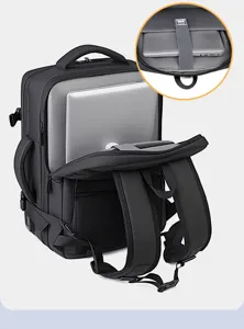 Black business laptop backpack, large capacity travel bag with multi-functional compartments.