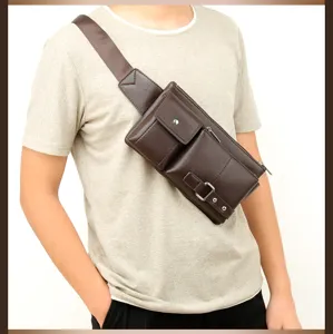 Close-up detail of the brown leather chest bag worn across the body, showing multiple pockets.