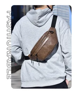 Herren Freizeit Brusttasche retro braune PU Leder Umhängetasche stylische Gürteltasche