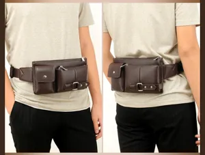 Men's multi-functional waist bag in dark brown leather with multiple pockets and zipper.