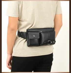 Mens multi pocket black leather waist bag detail view showing functional storage compartments