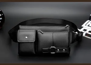 Men's multi-functional black leather waist bag, tactical chest pack and stylish crossbody bag.