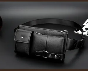 Men's multi-functional black leather waist bag with multiple zipper pockets for daily use.
