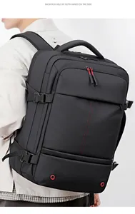 Detail shot of the black multi-functional business backpack with durable straps and zippers.