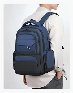 Detailed view of the multi-functional business laptop backpack in stylish blue and black.