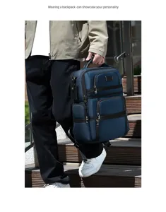Detail shot of men's business waterproof multi-compartment backpack with stylish laptop storage.