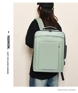 Detail shot of mint green leather backpack, back view on model, premium cowhide material