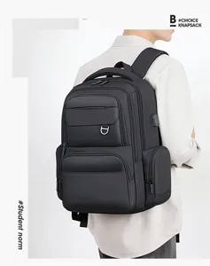 Black multi-functional laptop backpack for men, large capacity and stylish business travel bag.